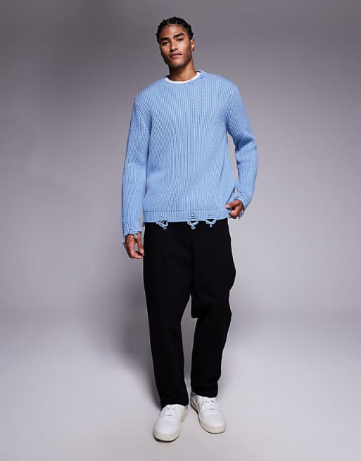 ASOS DESIGN Relaxed Knitted Crew Neck Jumper With Raw Edge In Blue