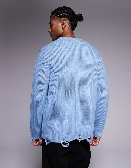 ASOS DESIGN Relaxed Knitted Crew Neck Jumper With Raw Edge In Blue