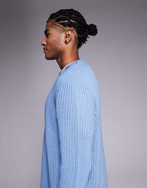 ASOS DESIGN Relaxed Knitted Crew Neck Jumper With Raw Edge In Blue