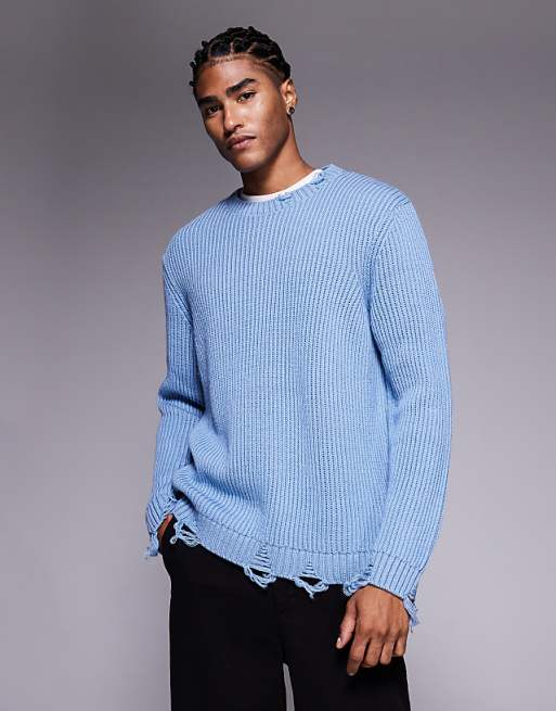 ASOS DESIGN relaxed knitted crew neck jumper with raw edge in blue