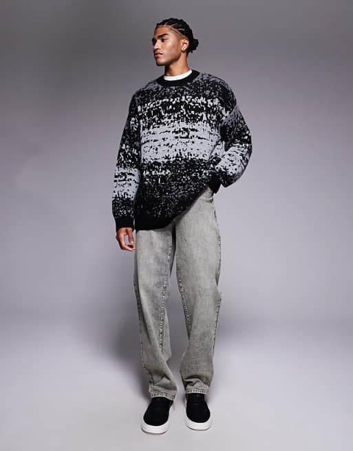 ASOS DESIGN Relaxed Knitted Crew Neck Jumper With Abstract Pattern In Grey