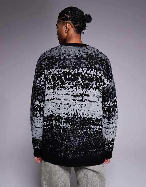 ASOS DESIGN Relaxed Knitted Crew Neck Jumper With Abstract Pattern In Grey