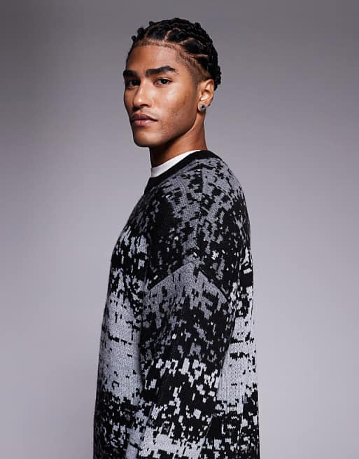 ASOS DESIGN Relaxed Knitted Crew Neck Jumper With Abstract Pattern In Grey
