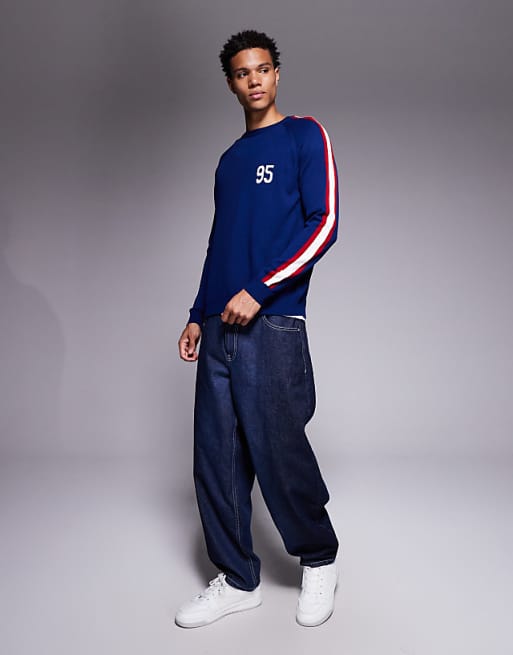 ASOS DESIGN Relaxed Knitted Crew Neck Jumper With 95 Graphic In Navy