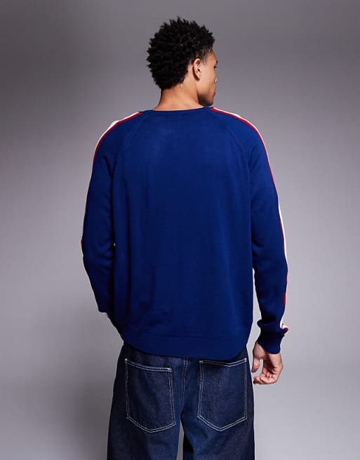 ASOS DESIGN Relaxed Knitted Crew Neck Jumper With 95 Graphic In Navy