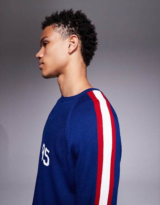 ASOS DESIGN Relaxed Knitted Crew Neck Jumper With 95 Graphic In Navy