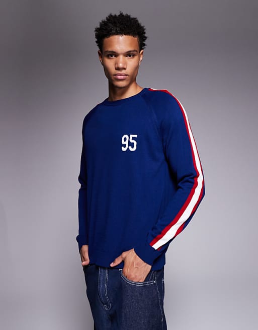 ASOS DESIGN relaxed knitted crew neck jumper with 95 graphic in navy