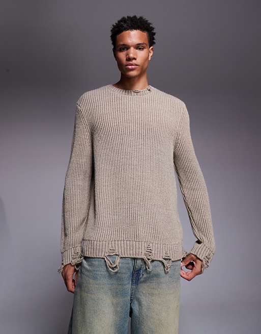 ASOS DESIGN relaxed knitted crew neck jumper with raw edge in ecru