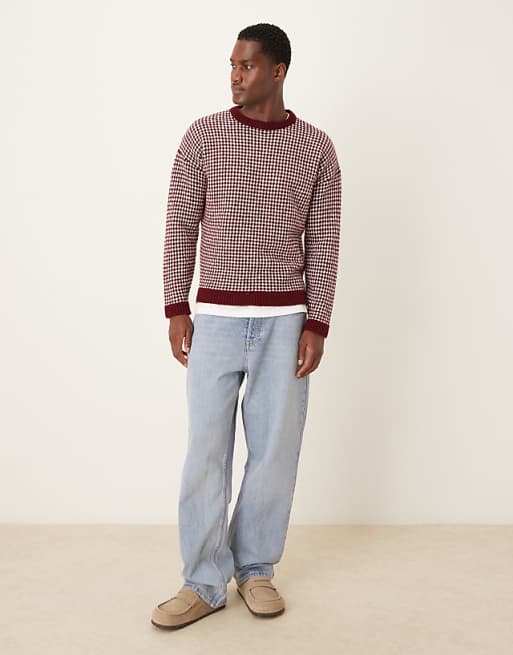 ASOS DESIGN Relaxed Knitted Crew Neck Stripe Jumper In Burgundy