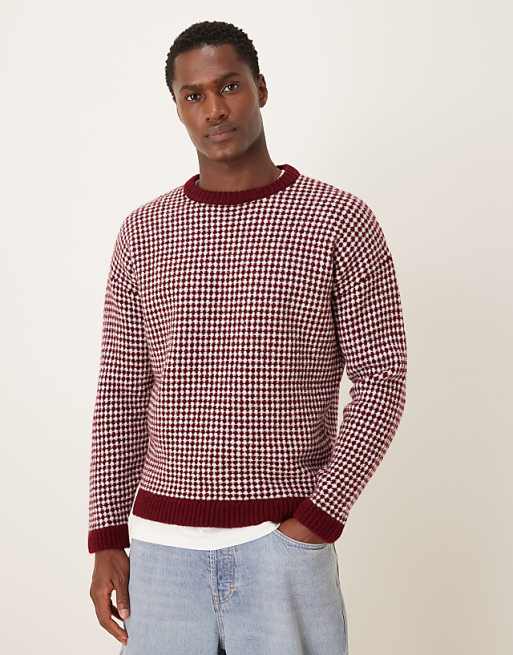 ASOS DESIGN relaxed knitted crew neck stripe jumper in burgundy