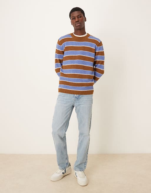 ASOS DESIGN Relaxed Knitted Crew Neck Stripe Jumper In Navy