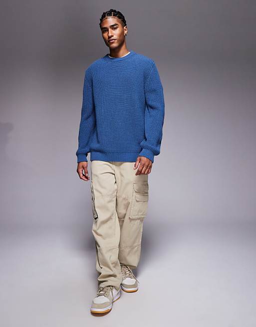 ASOS DESIGN Relaxed Knitted Fisherman Rib Jumper In Blue