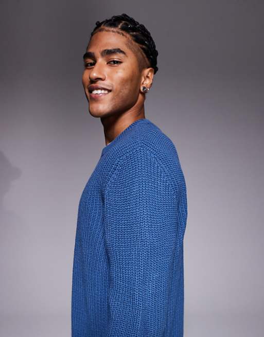 ASOS DESIGN Relaxed Knitted Fisherman Rib Jumper In Blue
