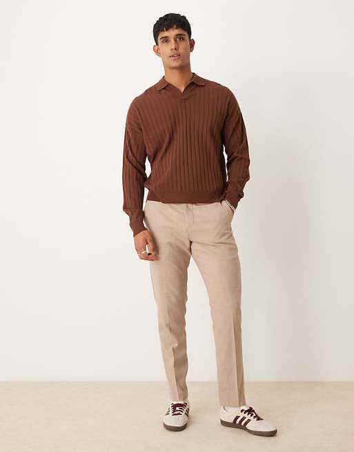 ASOS DESIGN Relaxed Knitted Fit Long Sleeve Ribbed Notch Neck Polo In Brown