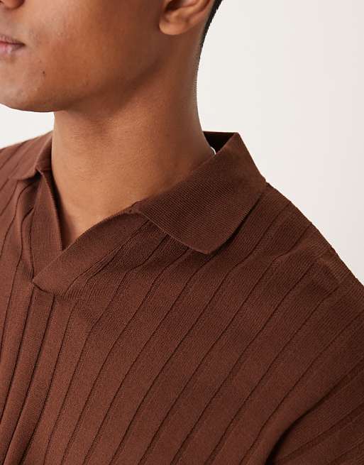 ASOS DESIGN Relaxed Knitted Fit Long Sleeve Ribbed Notch Neck Polo In Brown