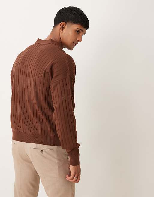 ASOS DESIGN Relaxed Knitted Fit Long Sleeve Ribbed Notch Neck Polo In Brown