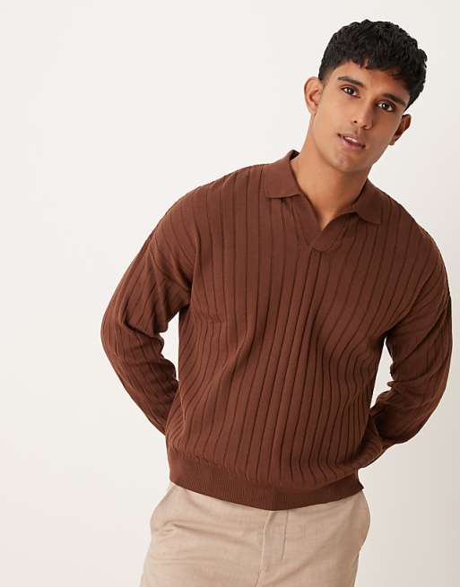 ASOS DESIGN relaxed knitted fit long sleeve ribbed notch neck polo in brown