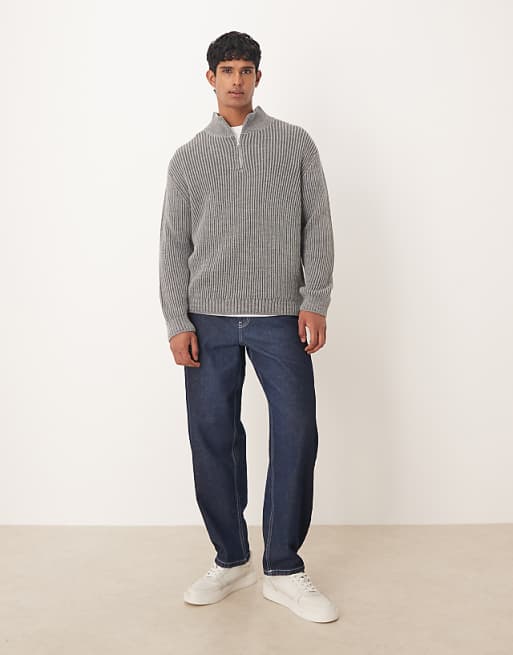 ASOS DESIGN Relaxed Knitted Half Zip Jumper In Grey