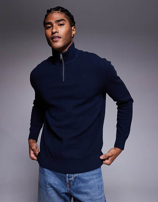 ASOS DESIGN relaxed knitted half zip jumper in navy