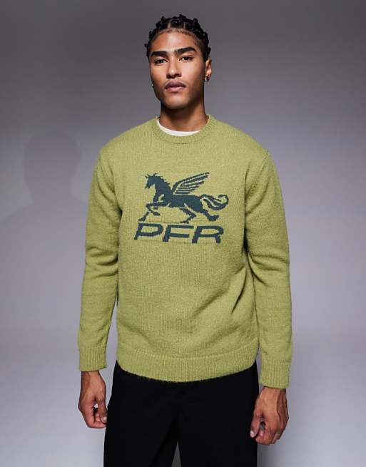 ASOS DESIGN relaxed knitted jumper with chest embroidery in khaki