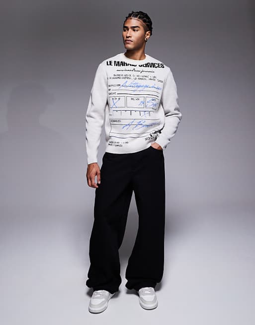 ASOS DESIGN Relaxed Knitted Jumper With Receipt Graphics In Grey