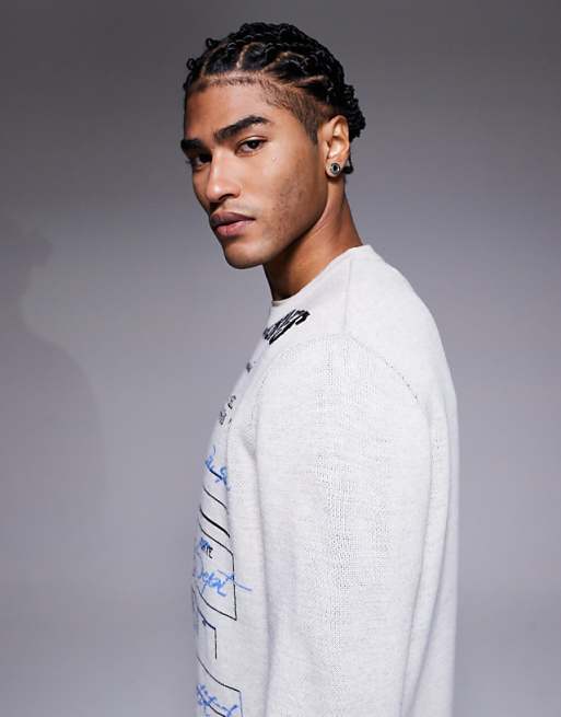 ASOS DESIGN Relaxed Knitted Jumper With Receipt Graphics In Grey