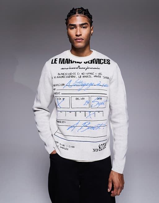 ASOS DESIGN relaxed knitted jumper with receipt graphics in grey