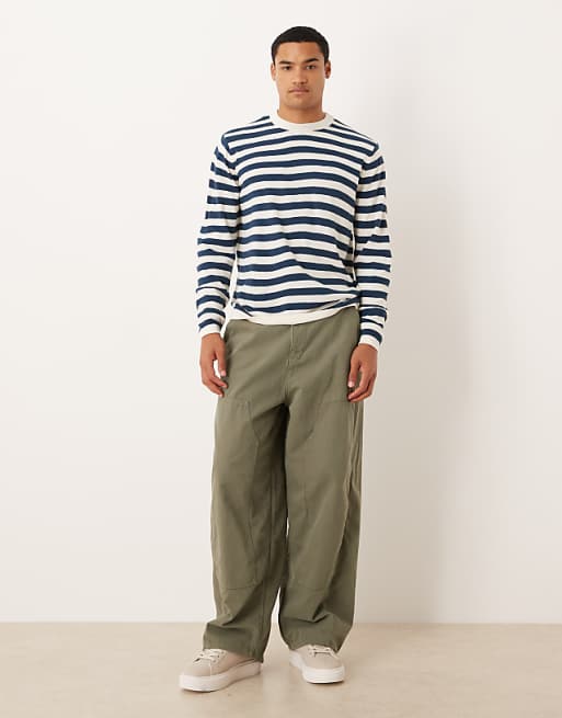ASOS DESIGN Relaxed Knitted Long Sleeve Crew Neck T-shirt In Navy And White Stripe