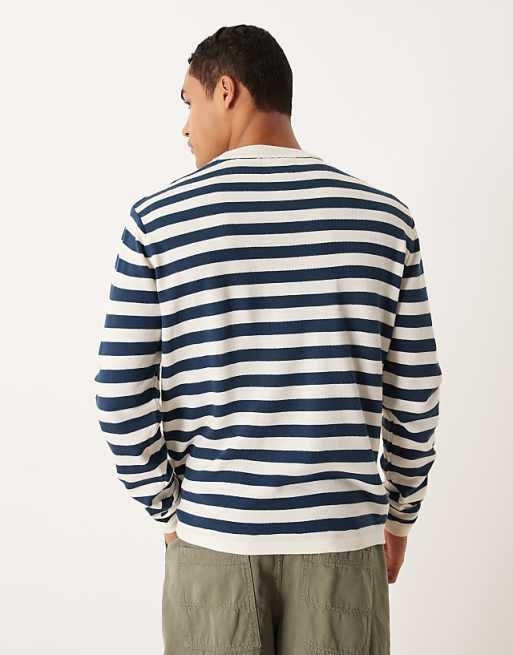 ASOS DESIGN Relaxed Knitted Long Sleeve Crew Neck T-shirt In Navy And White Stripe