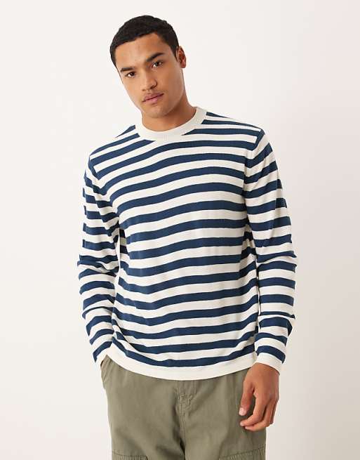 ASOS DESIGN relaxed knitted long sleeve crew neck t-shirt in navy and white stripe