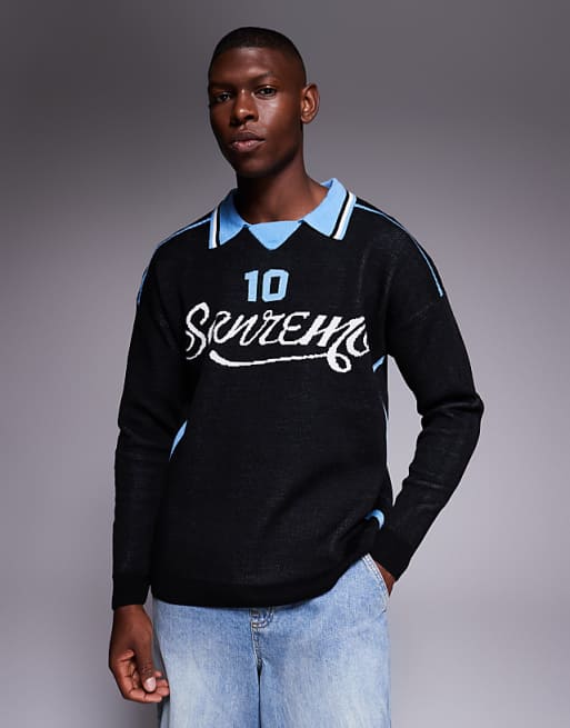 ASOS DESIGN Relaxed Knitted Long Sleeve Polo With Sport Graphic In Black