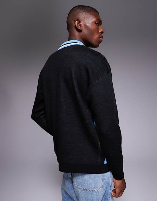 ASOS DESIGN Relaxed Knitted Long Sleeve Polo With Sport Graphic In Black