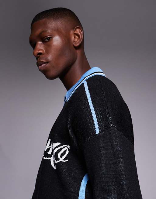 ASOS DESIGN Relaxed Knitted Long Sleeve Polo With Sport Graphic In Black