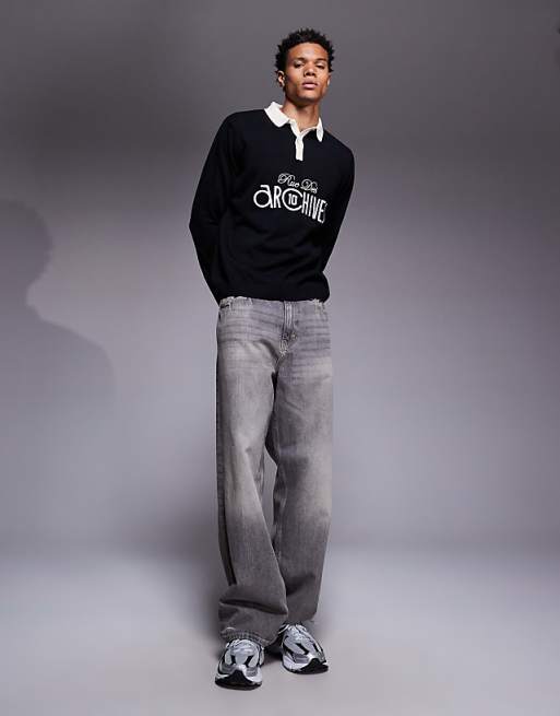 ASOS DESIGN Relaxed Knitted Long Sleeve Polo With Chest Graphic In Black