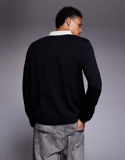 ASOS DESIGN Relaxed Knitted Long Sleeve Polo With Chest Graphic In Black