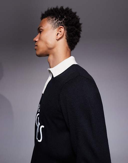 ASOS DESIGN Relaxed Knitted Long Sleeve Polo With Chest Graphic In Black