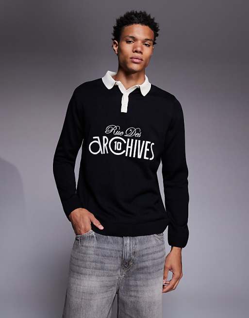 ASOS DESIGN relaxed knitted long sleeve polo with chest graphic in black
