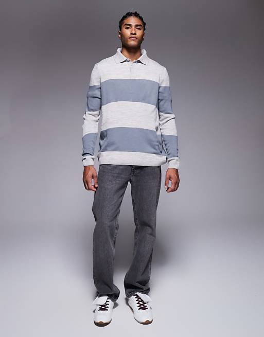 ASOS DESIGN Relaxed Knitted Long Sleeve Stripe Polo T-shirt In Cream