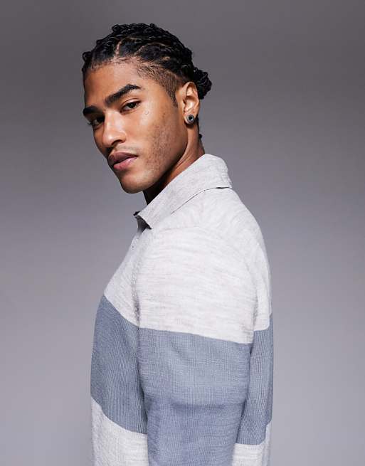 ASOS DESIGN Relaxed Knitted Long Sleeve Stripe Polo T-shirt In Cream