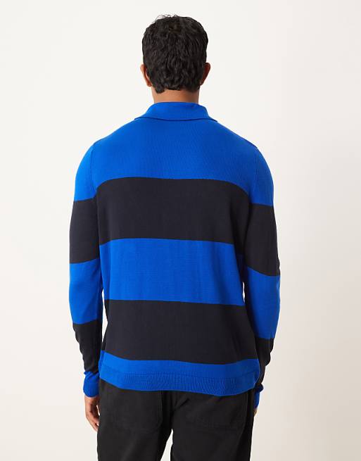 ASOS DESIGN Relaxed Knitted Long Sleeve Stripe Polo T-shirt In Navy