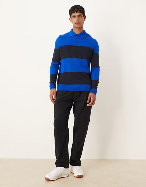 ASOS DESIGN Relaxed Knitted Long Sleeve Stripe Polo T-shirt In Navy