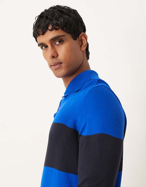 ASOS DESIGN Relaxed Knitted Long Sleeve Stripe Polo T-shirt In Navy