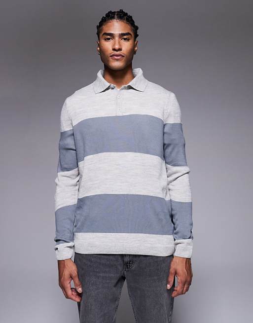 ASOS DESIGN relaxed knitted long sleeve stripe polo t-shirt in cream
