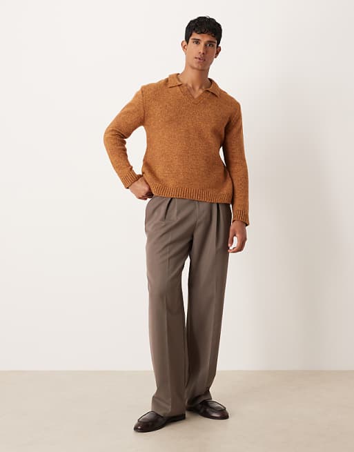 ASOS DESIGN Relaxed Knitted Notch Neck Jumper In Tan