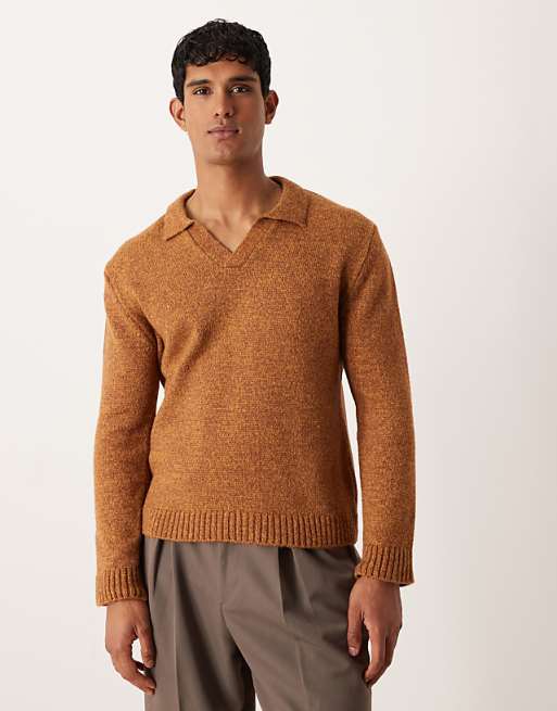 ASOS DESIGN relaxed knitted notch neck jumper in tan