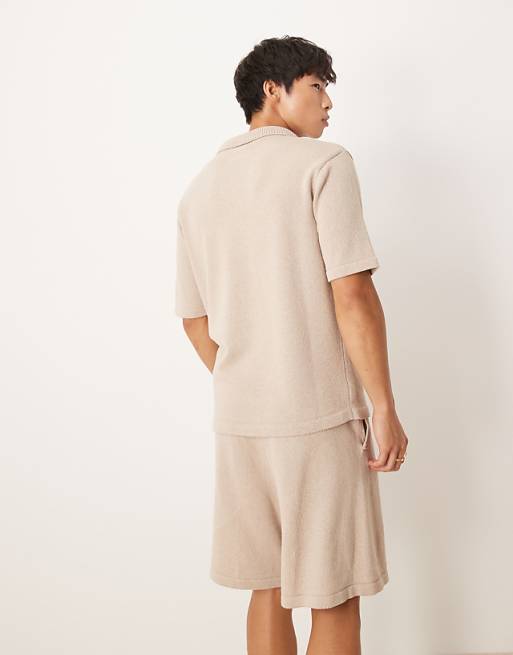 ASOS DESIGN Relaxed Knitted Notch Neck Polo Co-ord In Mink