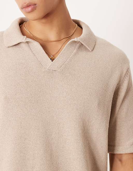 ASOS DESIGN Relaxed Knitted Notch Neck Polo Co-ord In Mink