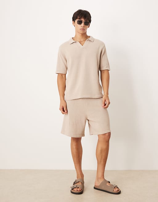 ASOS DESIGN Relaxed Knitted Notch Neck Polo Co-ord In Mink