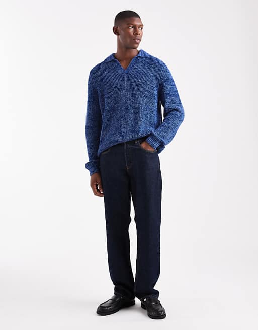 ASOS DESIGN Relaxed Knitted Notch Neck Polo In Blue Twist
