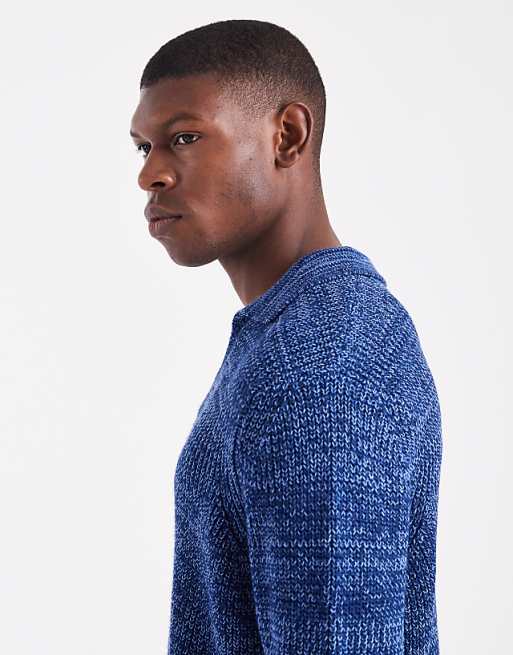 ASOS DESIGN Relaxed Knitted Notch Neck Polo In Blue Twist